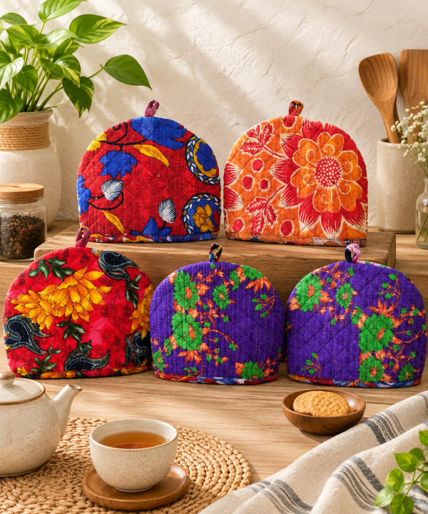 2 Pcs Vintage Kantha Tea Cozy Covers – Handmade Quilted Cotton Teapot Covers, Assorted Boho Kitchen Decor