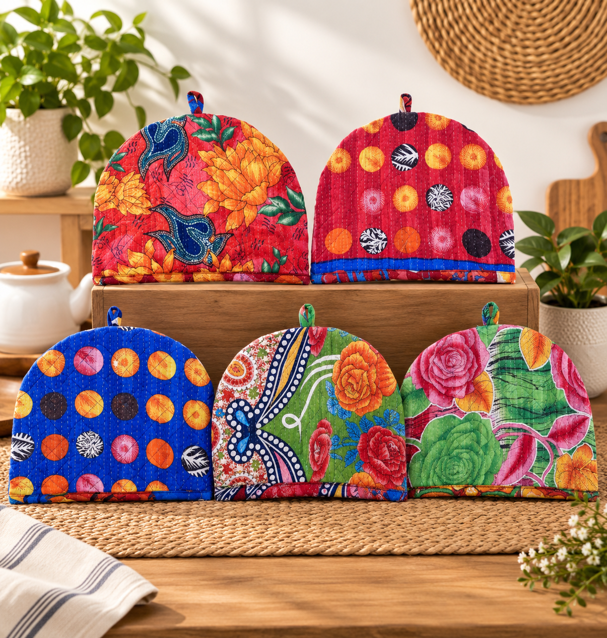 2 Pcs Vintage Kantha Tea Cozy Covers – Handmade Quilted Cotton Teapot Covers, Assorted Boho Kitchen Decor - Image 4
