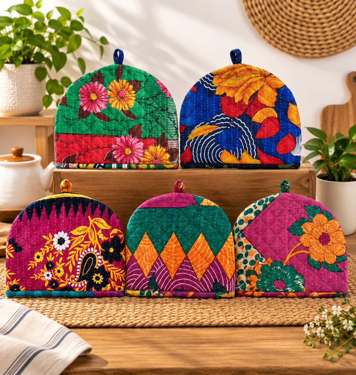 5 Pcs Vintage Kantha Tea Cozy Set – Handmade Quilted Cotton Tea Pot Covers, Colorful Indian Kitchen Decor - Image 4