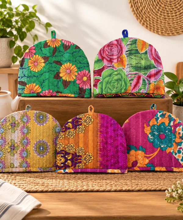 Alternative view of 2 Pcs Vintage Kantha Tea Cozy Covers – Handmade Quilted Cotton Teapot Covers, Assorted Boho Kitchen Decor 14 x 11 Inches