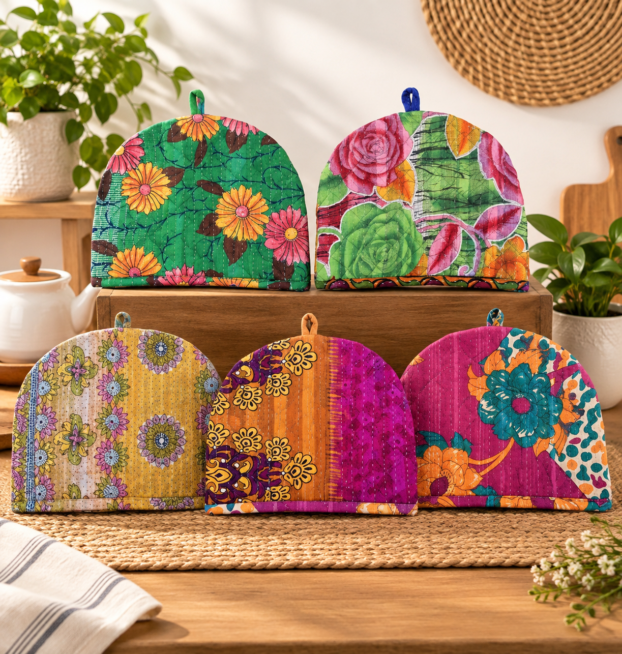 2 Pcs Vintage Kantha Tea Cozy Covers – Handmade Quilted Cotton Teapot Covers, Assorted Boho Kitchen Decor - Image 3
