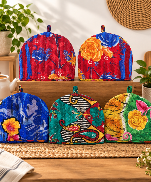 2 Pcs Vintage Kantha Tea Cozy Covers – Handmade Quilted Cotton Teapot Covers, Assorted Boho Kitchen Decor 14 x 11 Inches
