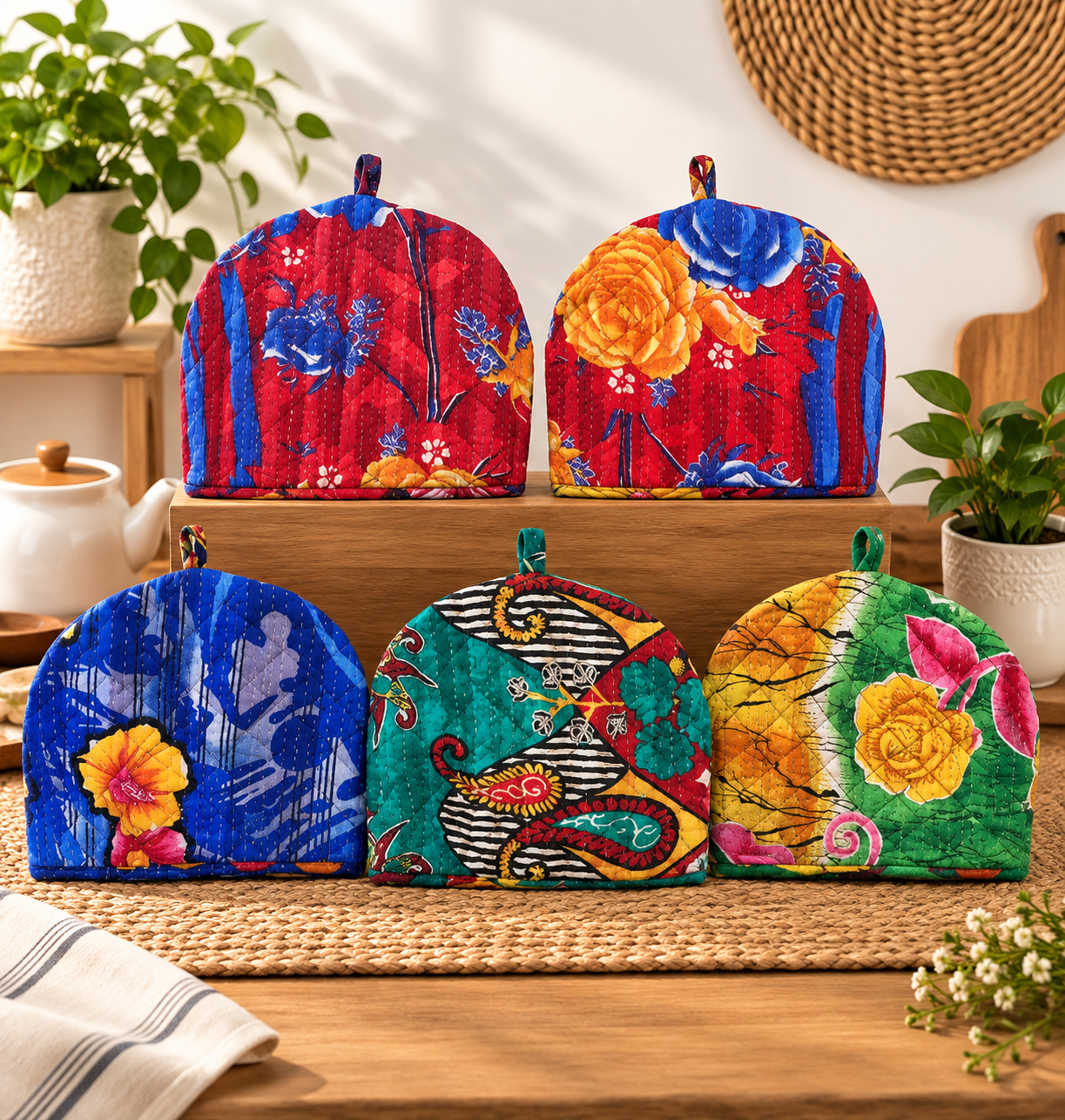 2 Pcs Vintage Kantha Tea Cozy Covers – Handmade Quilted Cotton Teapot Covers, Assorted Boho Kitchen Decor 14 x 11 Inches