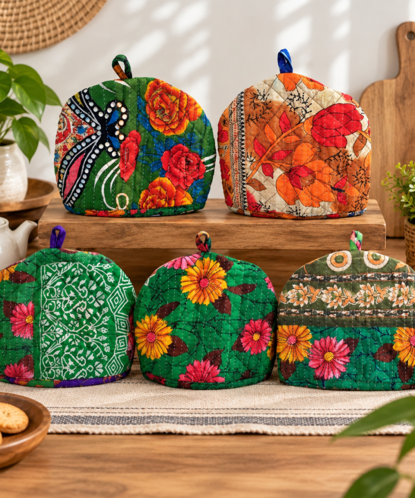 Alternative view of 2 Pcs Vintage Kantha Tea Cozy Covers – Handmade Quilted Cotton Teapot Covers, Assorted Boho Kitchen Decor