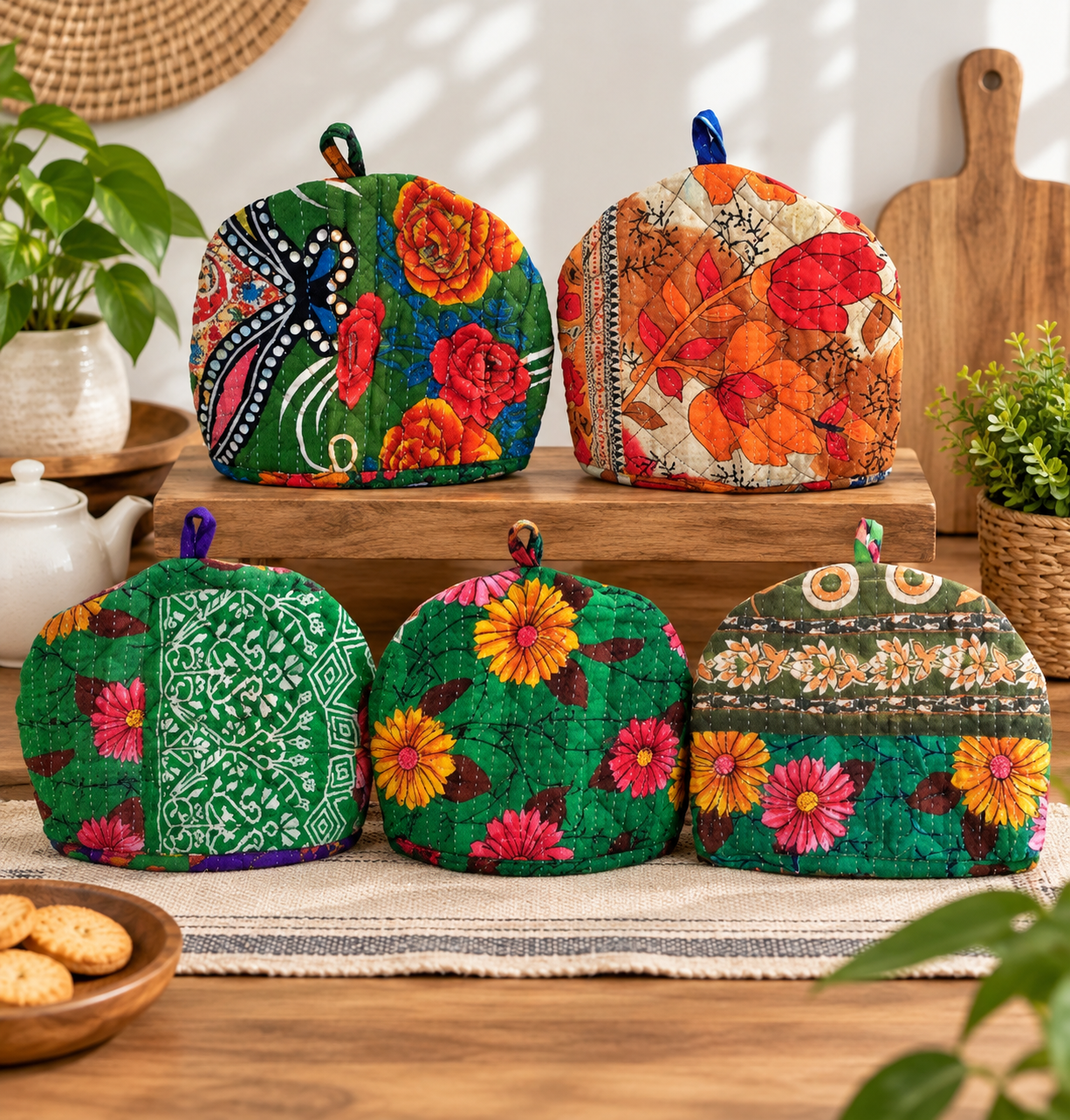 2 Pcs Vintage Kantha Tea Cozy Covers – Handmade Quilted Cotton Teapot Covers, Assorted Boho Kitchen Decor - Image 2