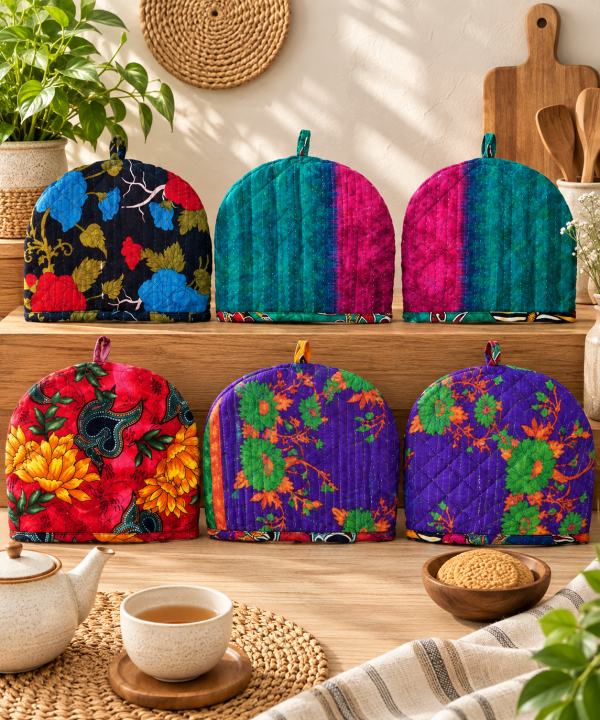 5 Pcs Vintage Kantha Tea Cozy Set – Handmade Quilted Cotton Tea Pot Covers, Colorful Indian Kitchen Decor