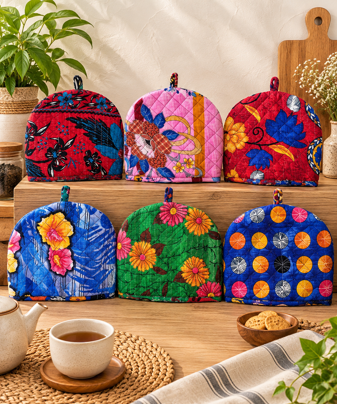 2 Pcs Vintage Kantha Tea Cozy Covers – Handmade Quilted Cotton Teapot Covers, Assorted Boho Kitchen Decor 14 x 11 Inches