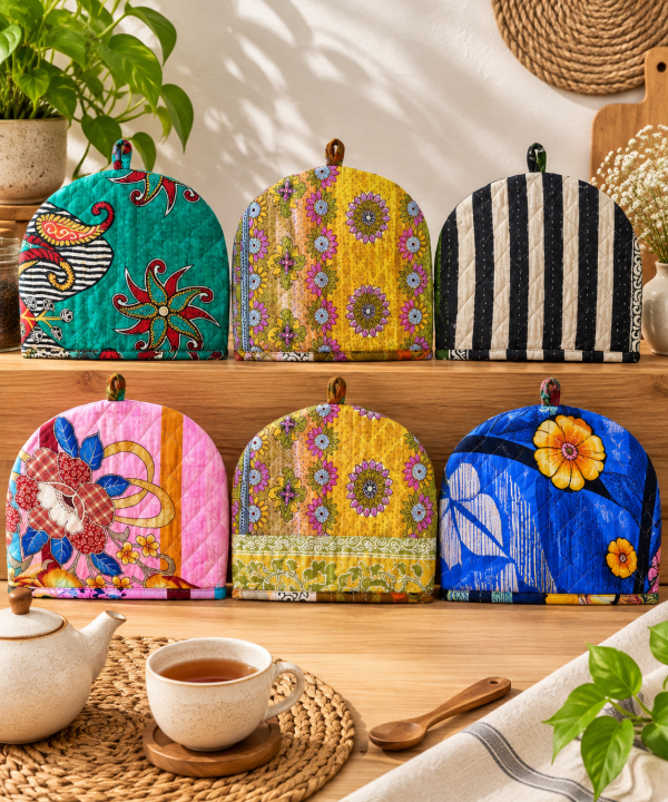 Alternative view of 5 Pcs Vintage Kantha Tea Cozy Set – Handmade Quilted Cotton Tea Pot Covers, Colorful Indian Kitchen Decor