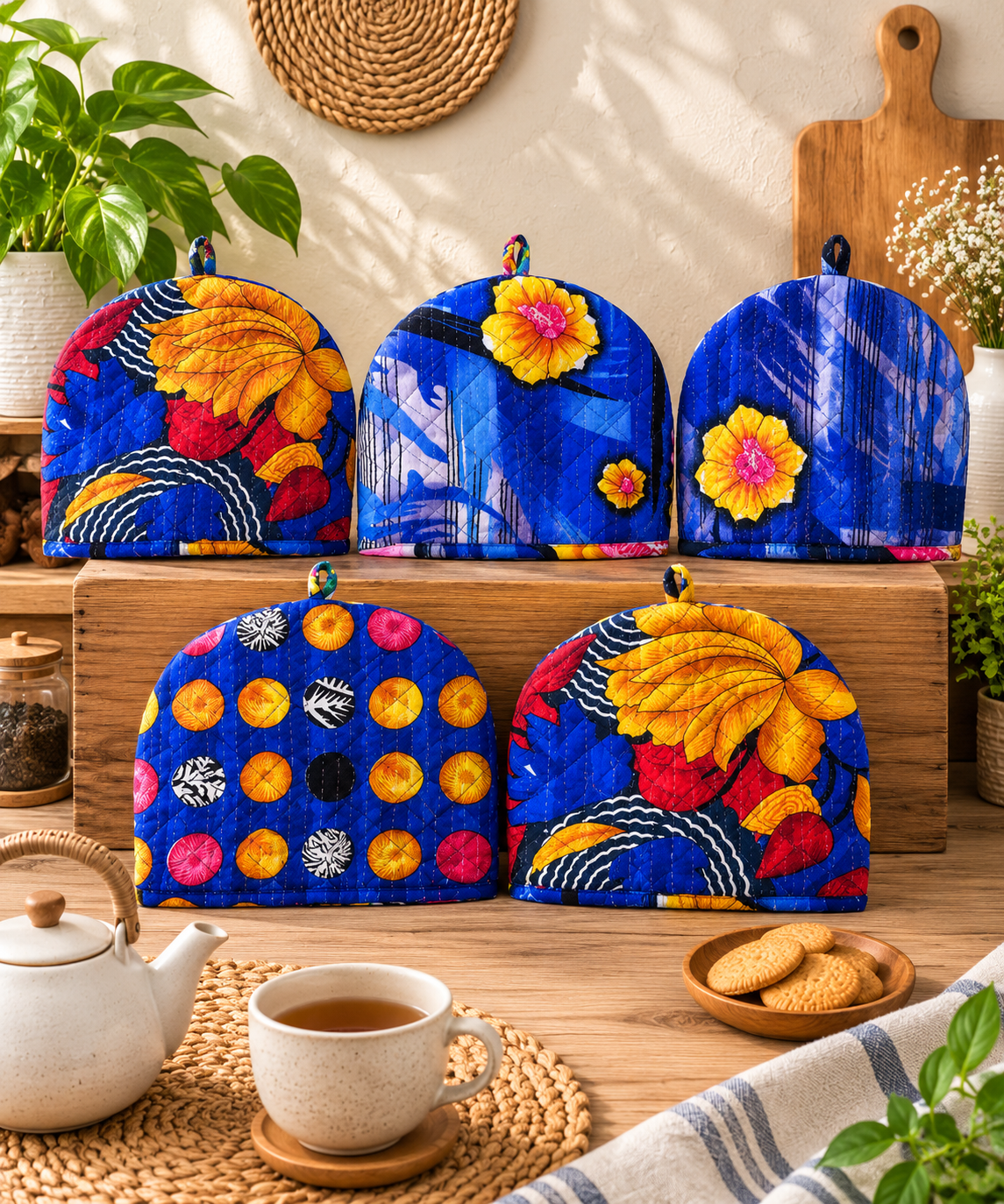 5 Pcs Vintage Kantha Tea Cozy Set – Handmade Quilted Cotton Tea Pot Covers, Colorful Indian Kitchen Decor - Image 4