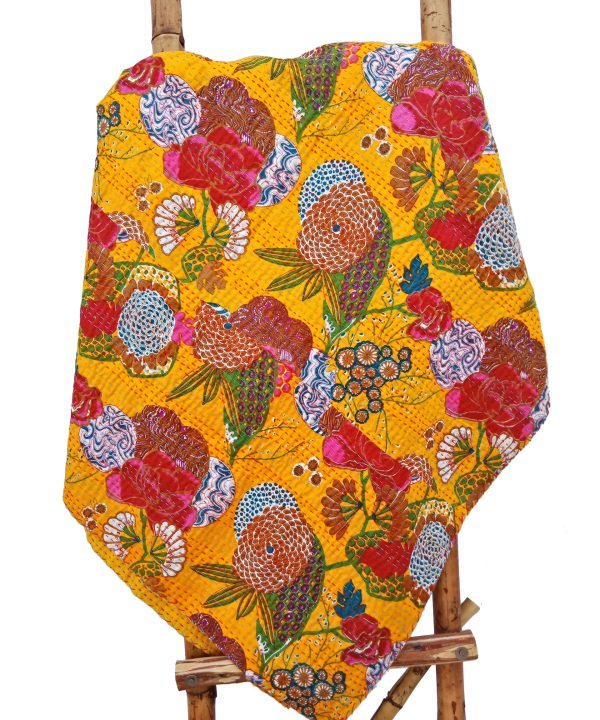 Alternative view of Fruilt Floral Kantha Throw Mustard Yellow