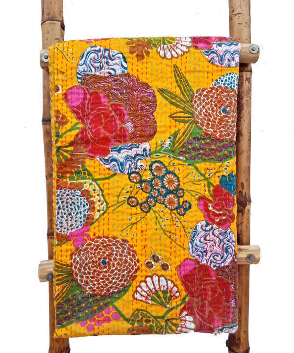 Fruilt Floral Kantha Throw Mustard Yellow