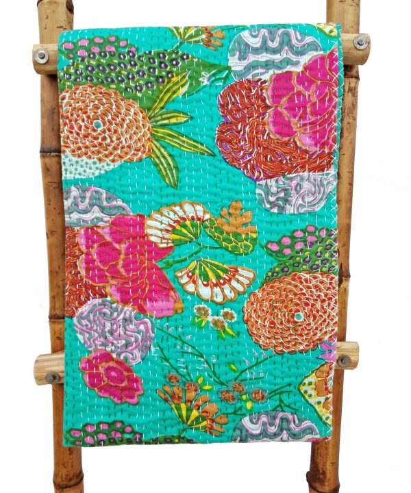 Fruilt Floral Kantha Throw Teal Green