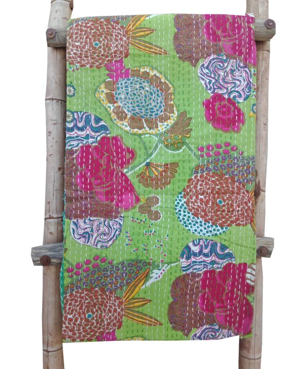 Fruilt Floral Kantha Throw Parrot Green