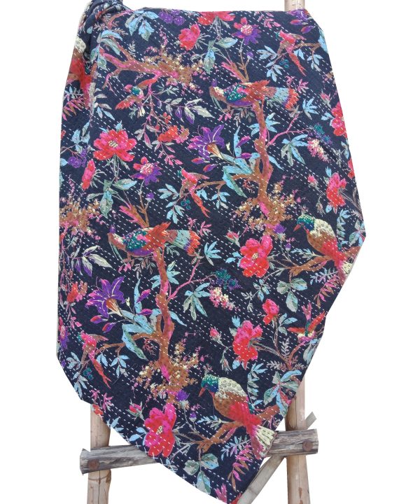 Alternative view of Bird Floral Kantha Throw Blanket