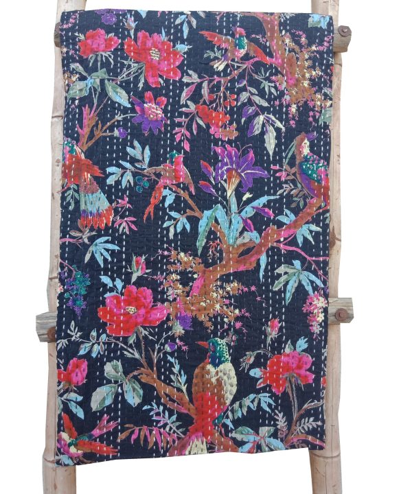 Bird Floral Kantha Throw Blanket