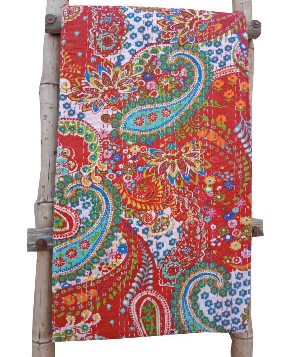 Red Floral Paisley Kantha Quilt