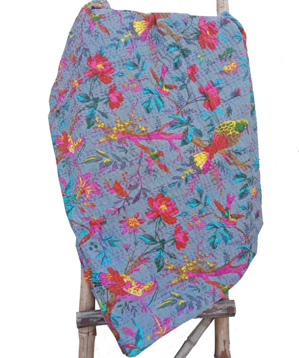 Alternative view of Grey Bird Floral Kantha Blanket