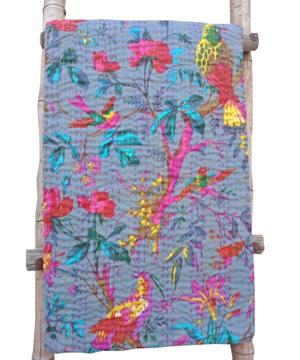Grey Bird Floral Kantha Blanket
