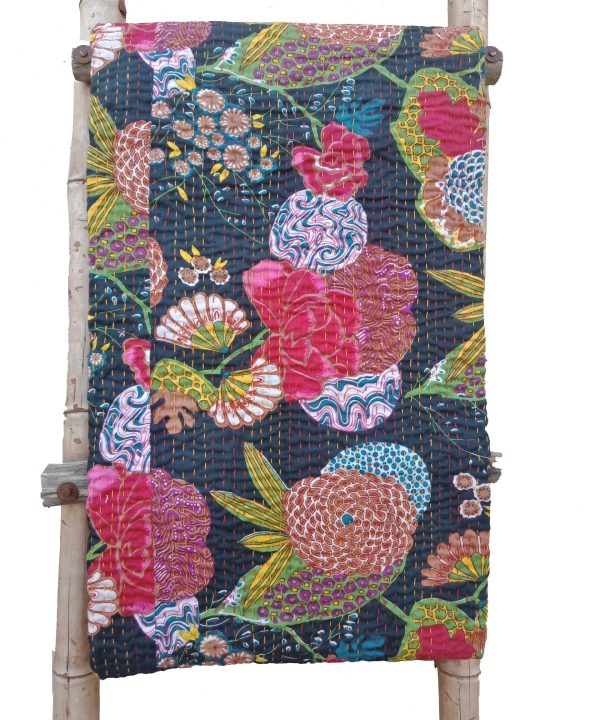 Fruilt Floral Kantha Throw Black
