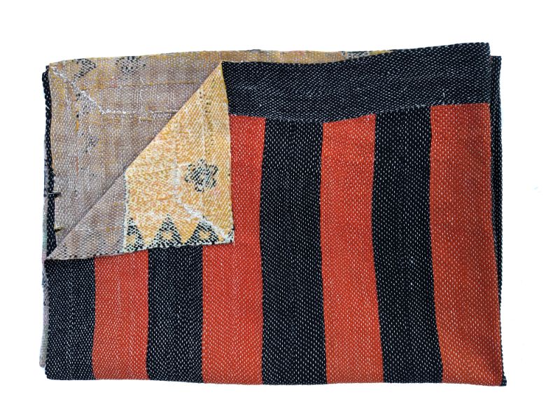 Red Black Stripe Kantha Quilt Queen