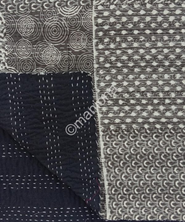 Black Indigo Patchwork Kantha Throw