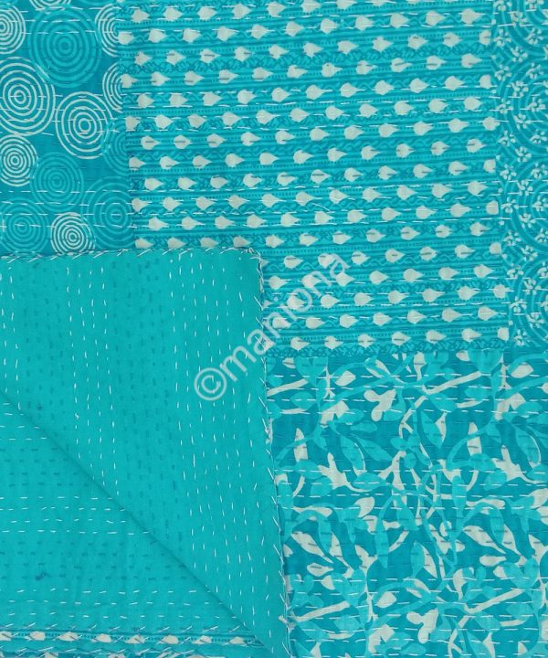 Turqoise Spiral Polka Dot Patchwork Kantha Throw