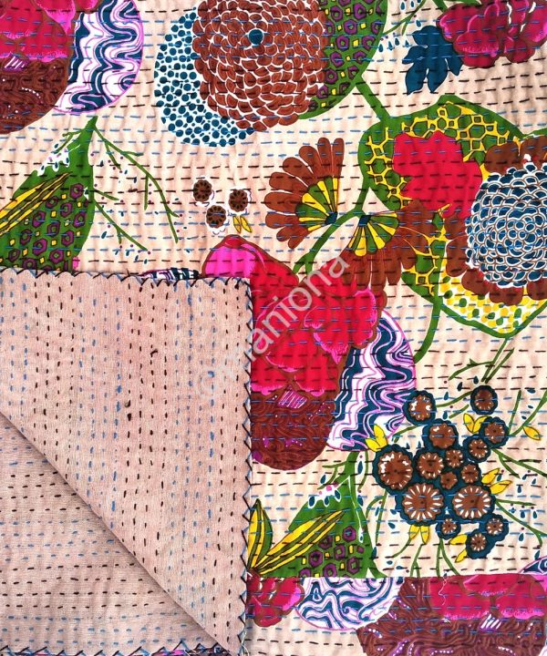 Handmade Floral Fruit Kantha Blanket