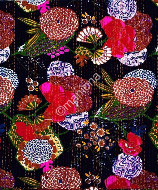 Alternative view of Indian Boho Floral Fruit Kantha Quilt