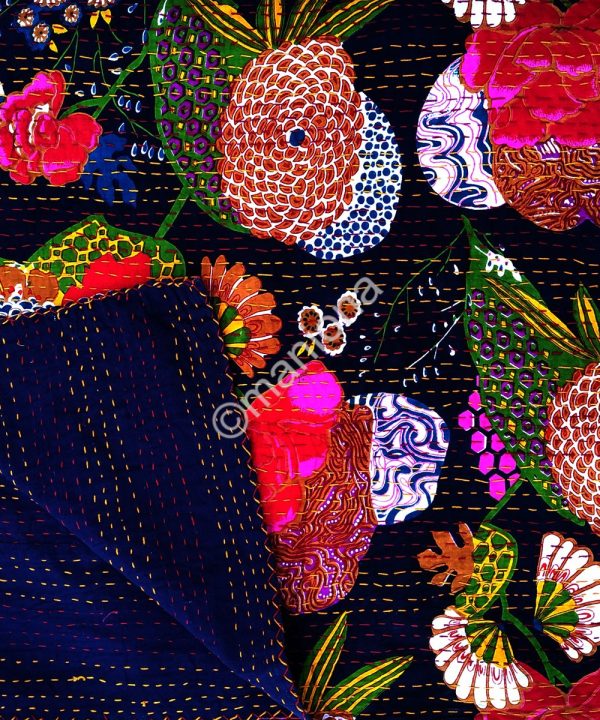 Indian Boho Floral Fruit Kantha Quilt