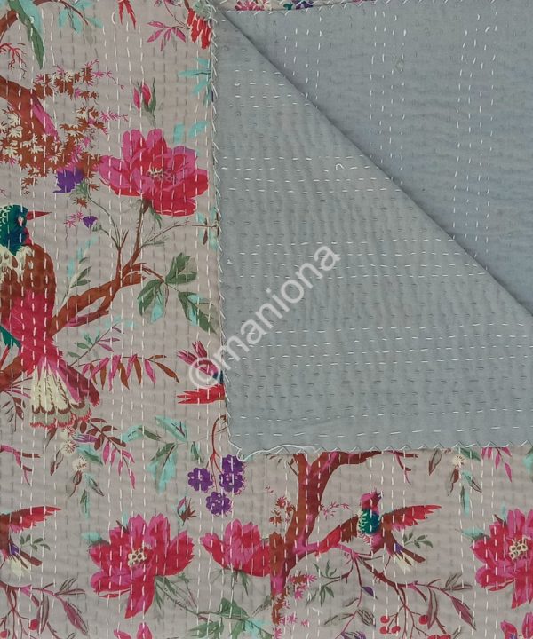 Bird Kantha Quilt Coverlet