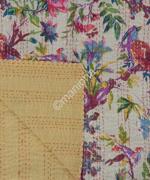 Bird Kantha Floral Print Throw