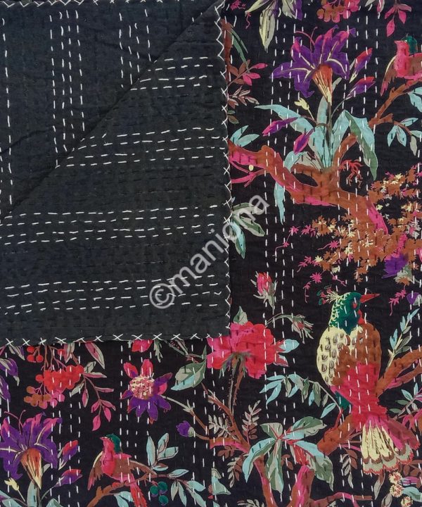 Bird Print Kantha Quilt Coverlet