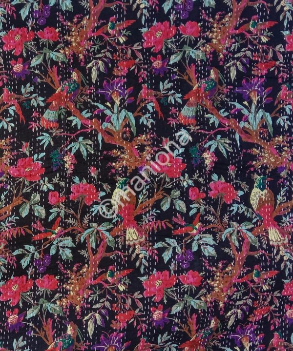 Alternative view of Bird Print Kantha Quilt Coverlet
