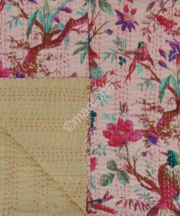 Bird Print Hmade Kantha Quilt