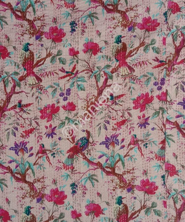 Alternative view of Bird Print Hmade Kantha Quilt