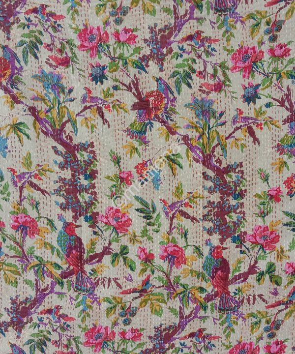 Alternative view of Bird Print Cotton Kantha Throw