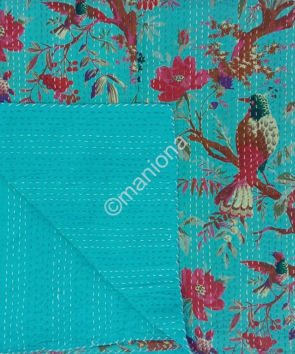 Indian cotton Bird Print Kantha Throw