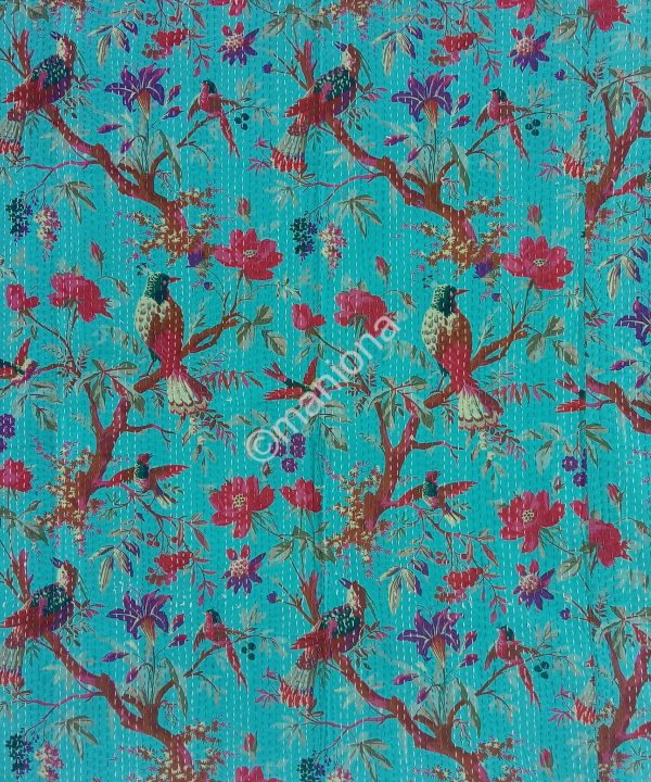 Alternative view of Indian cotton Bird Print Kantha Throw
