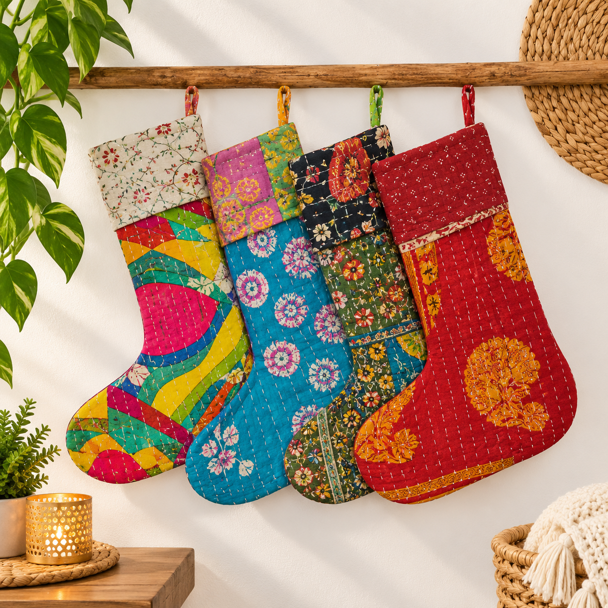 Bohemian Handmade Kantha Quilted Christmas Decorative stocking Set of 5 Pcs