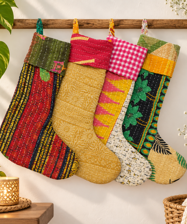Alternative view of Recycled Cotton Sari Kantha Stocking Set of 4 pcs.