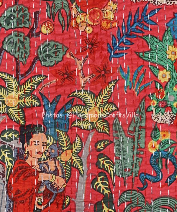 Alternative view of Kahlo Kantha Quilt HandBlock Frida Red Throw