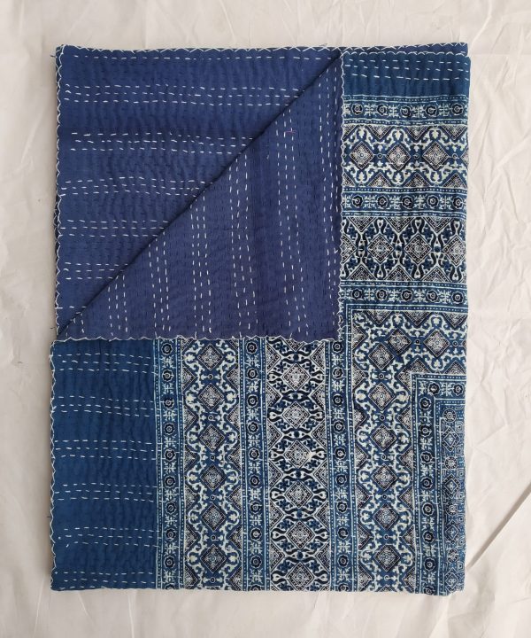 Ajrak Blockprint Indigo Color Kantha Blanket