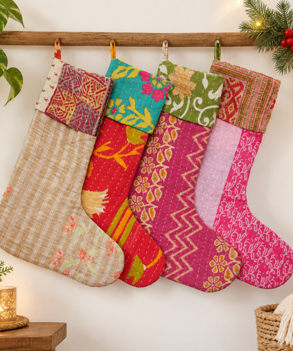 Alternative view of Assorted Indian Handmade Vintage Kantha Cotton Christmas Charity Stocking Set of 4 pcs.