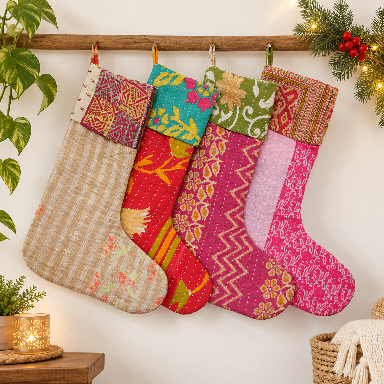 Bohemian Handmade Kantha Quilted Christmas Decorative stockings Set of 5 Pcs. - Image 3
