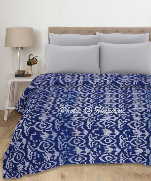 Blue Ikat Print Kantha Blanket