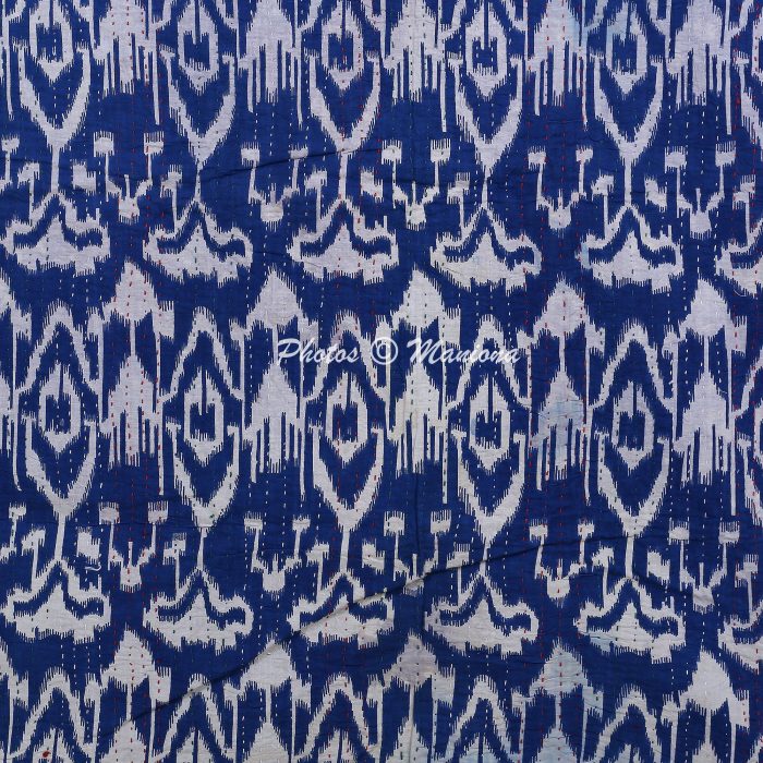 Blue Ikat Print Kantha Blanket Vintage Kantha Quilts, Throw Blankets