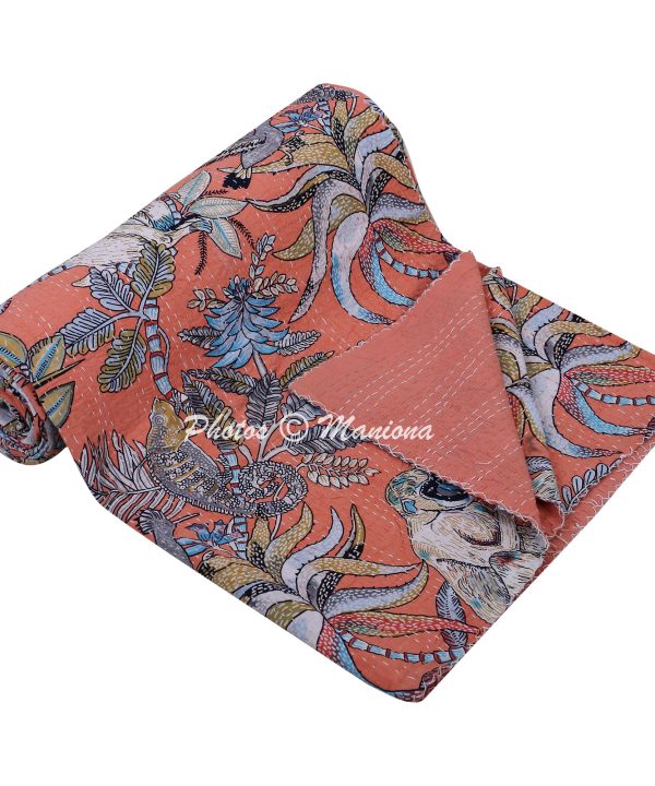 Alternative view of Blue Floral Garden Kantha Bedding Throw