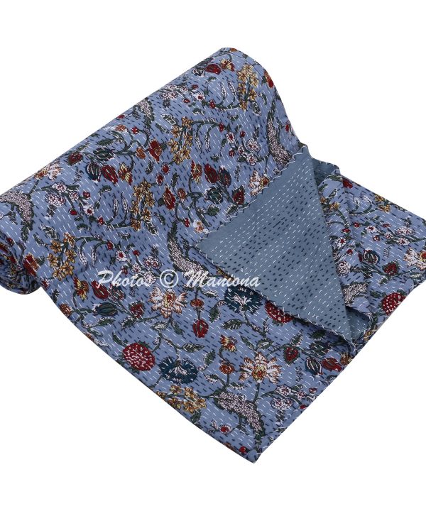 Alternative view of Garden Flower Handmade Cotton Kantha Quilt