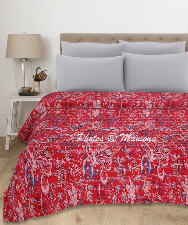 Color of Love Red Kantha Floral Bohemian Throw