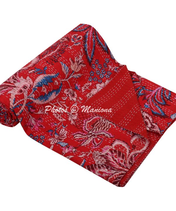 Alternative view of Color of Love Red Kantha Floral Bohemian Throw